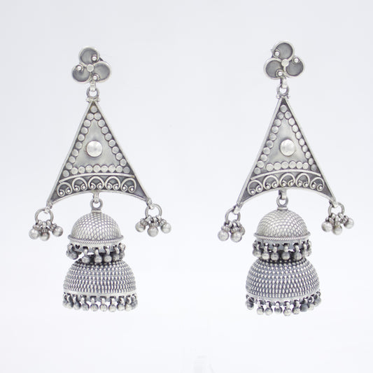 Long Indian Tribal Rajasthani Jhumki / Dome Drop Earring with Rawa Work in Sterling Silver