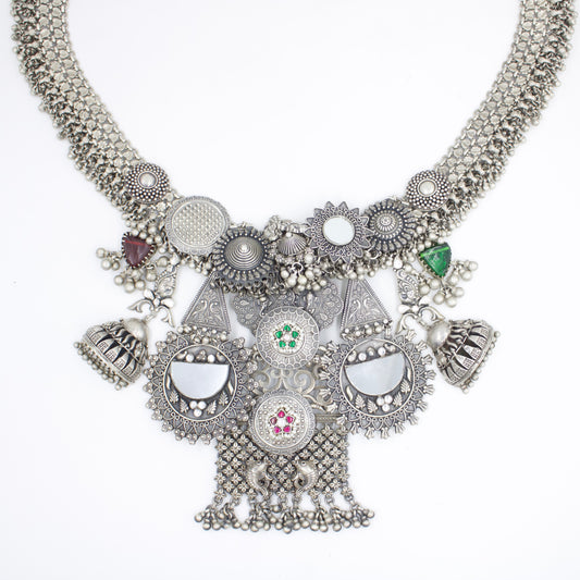 Antique Indian Rajasthani Tribal Long Statement Multi Pendant Necklace with Mirror and Kundan Work in Silver Circa 1930 Collection Piece