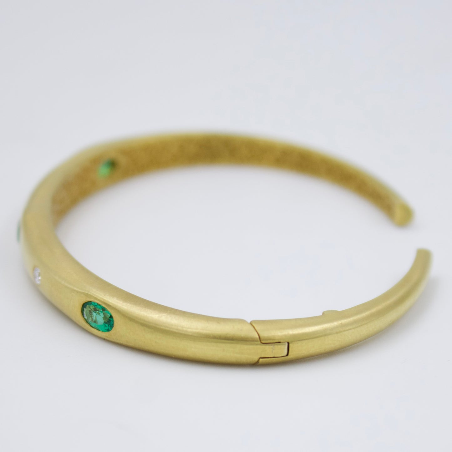 Minimalist Emerald and Diamond Bamboo Cuff Bracelet in 18K Brushed Gold