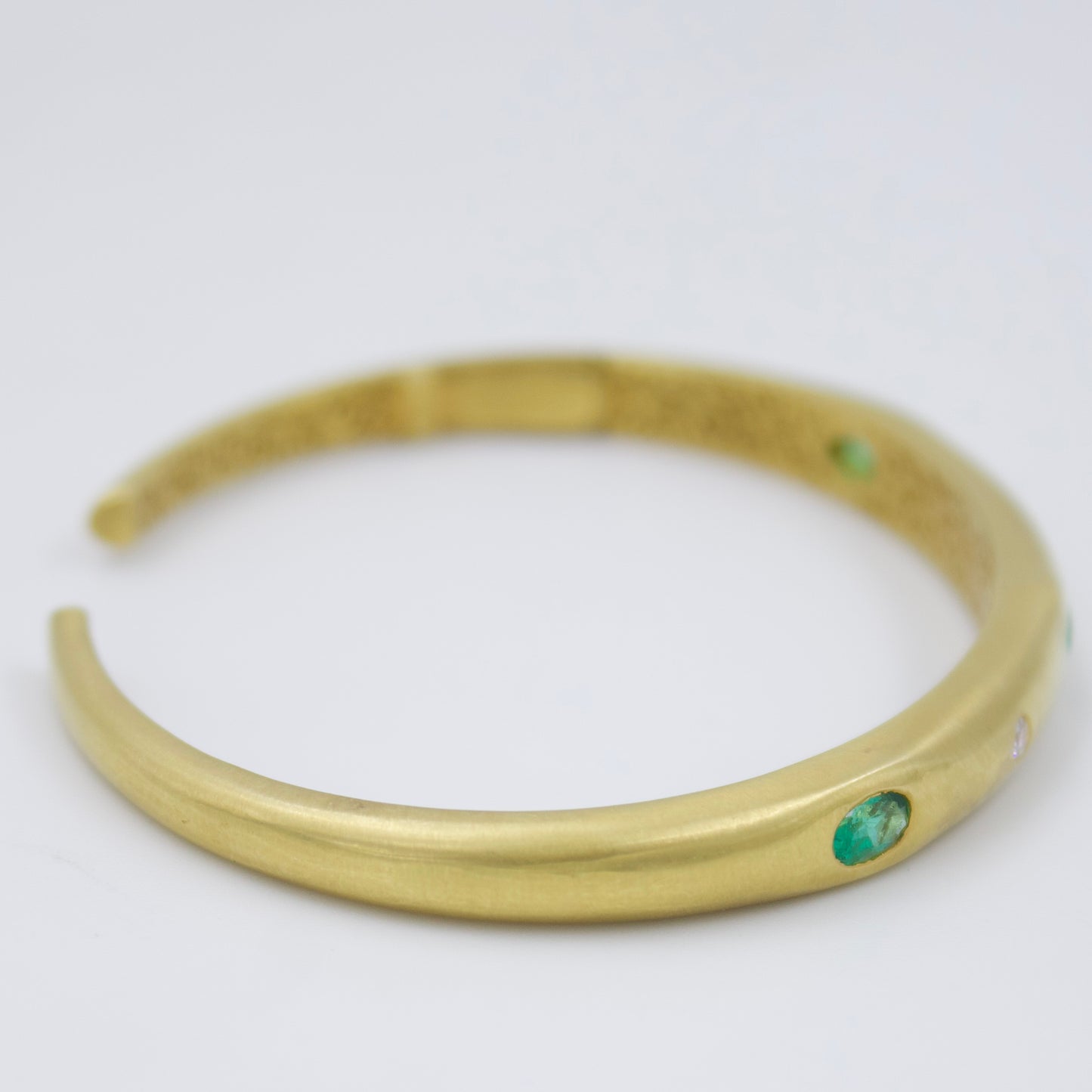 Minimalist Emerald and Diamond Bamboo Cuff Bracelet in 18K Brushed Gold