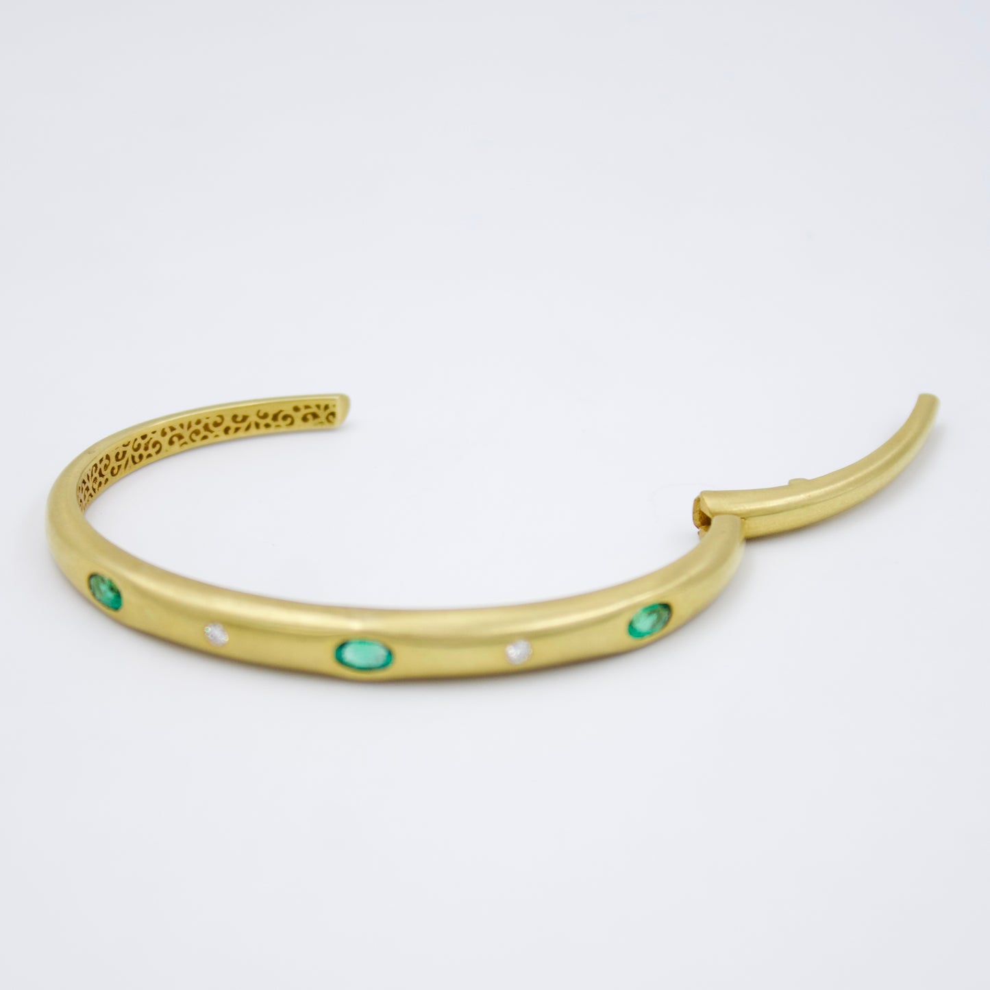 Minimalist Emerald and Diamond Bamboo Cuff Bracelet in 18K Brushed Gold