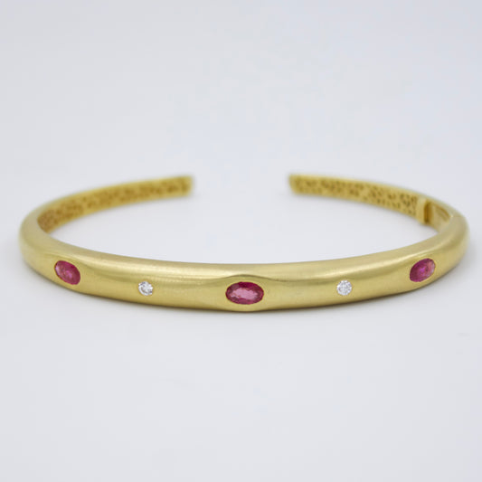 Minimalist Ruby and Diamond Bamboo Cuff Bracelet in 18K Brushed Gold