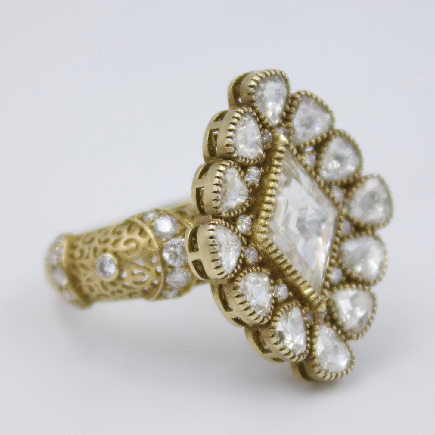 Luxurious Rose Cut Diamond Cocktail Ring with Filigree Work in 18K Brushed Gold