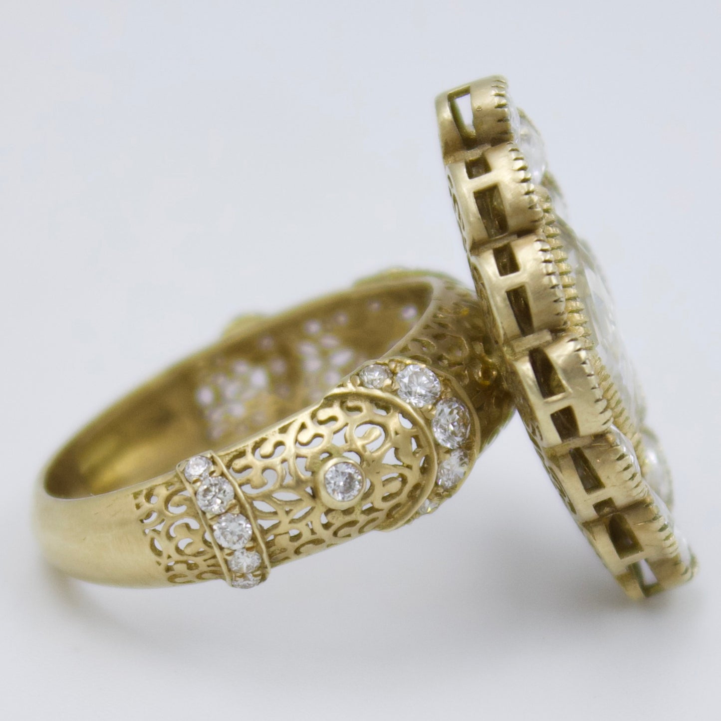 Luxurious Rose Cut Diamond Cocktail Ring with Filigree Work in 18K Brushed Gold