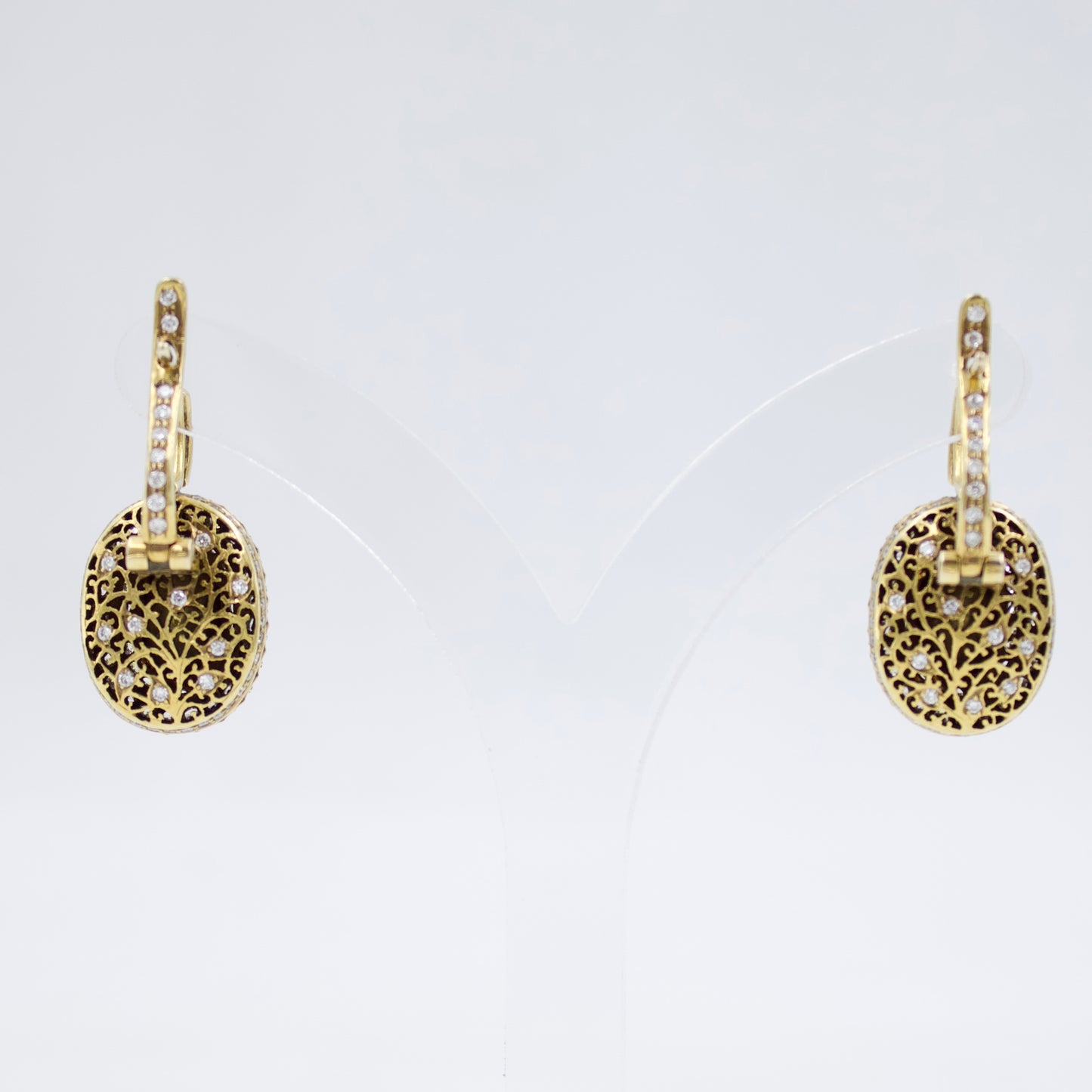 Luxurious Rose Cut Diamond Cluster Drop Earrings with Tree of Life Filigree Work Back in 18K Yellow Gold