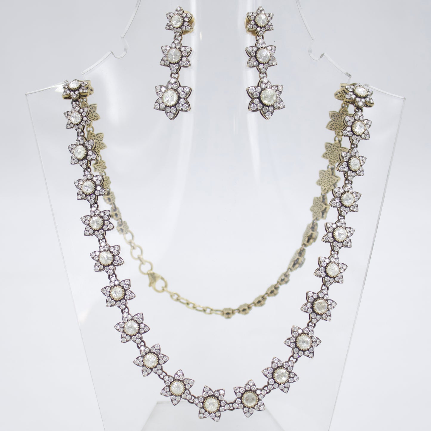 Victorian Star Necklace and Earrings with Rose Cut Diamonds in 18K Gold