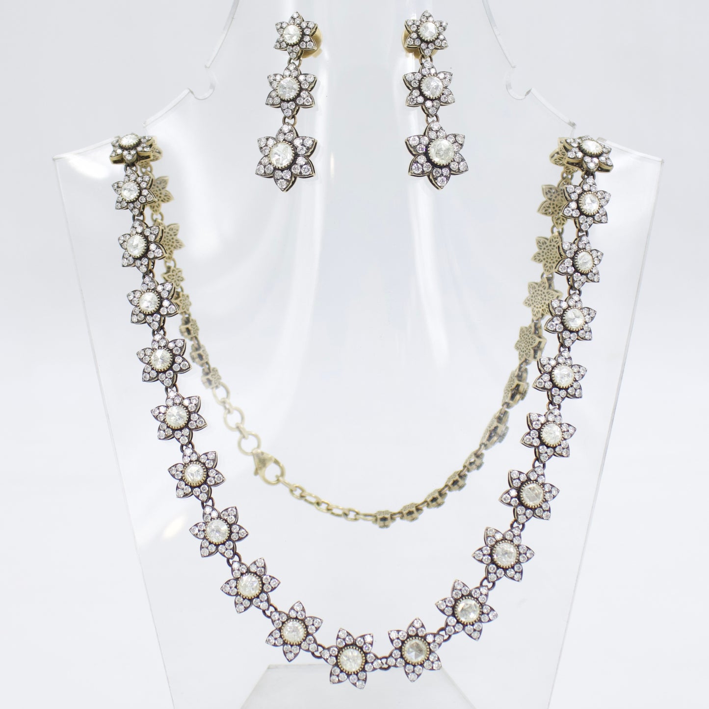 Victorian Star Necklace and Earrings with Rose Cut Diamonds in 18K Gold