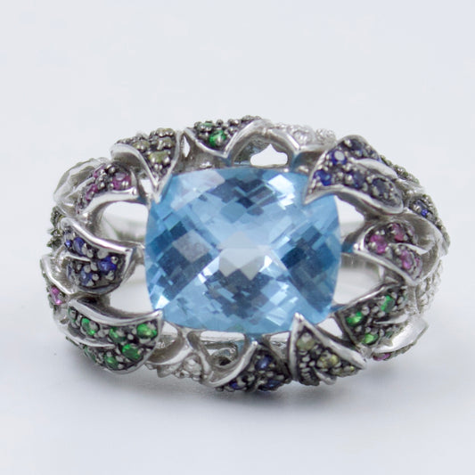 Blue Topaz Floral Cocktail Ring in 18K White Gold