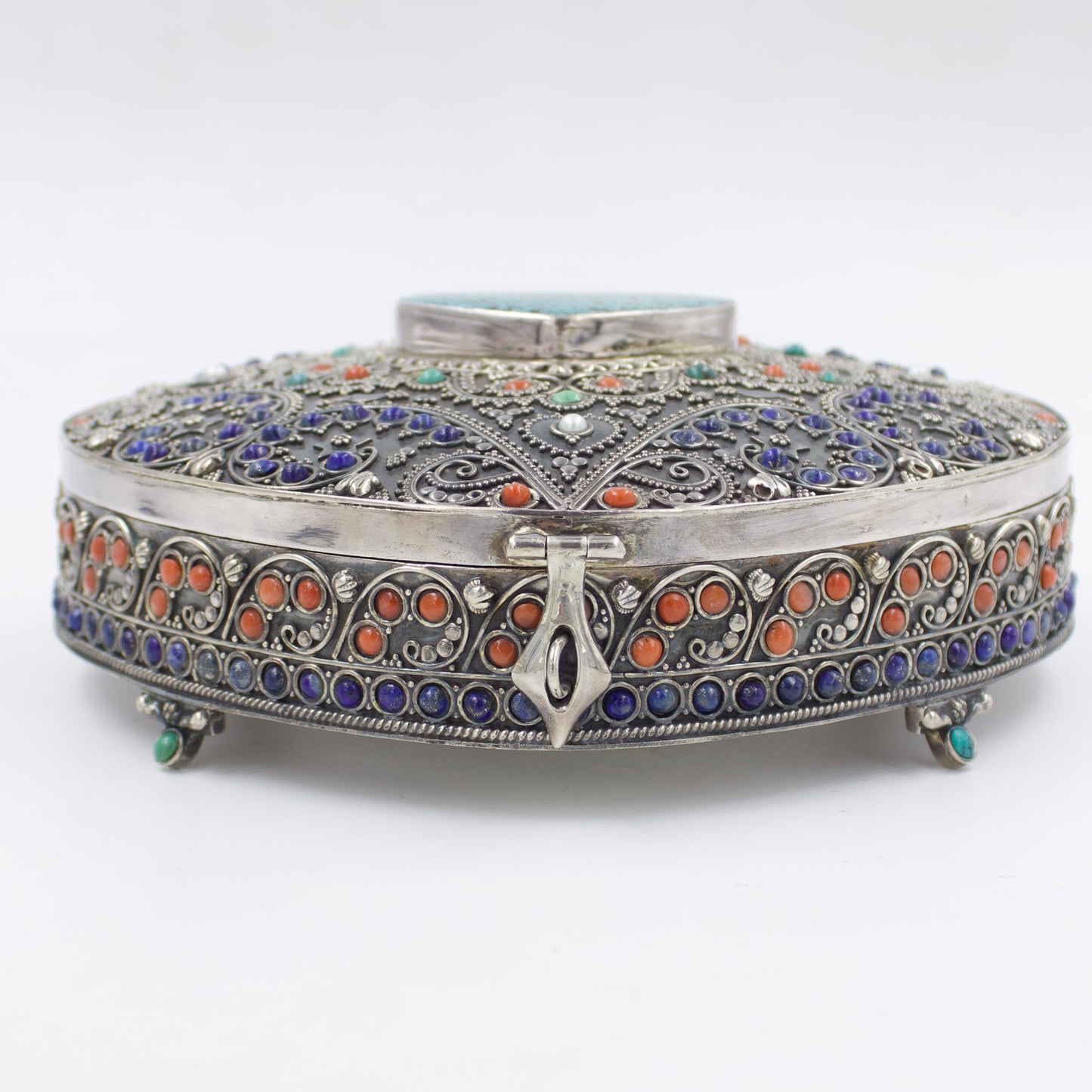 Antique Tibetan Gemstone Inlay Jewelry Box in Sterling Silver