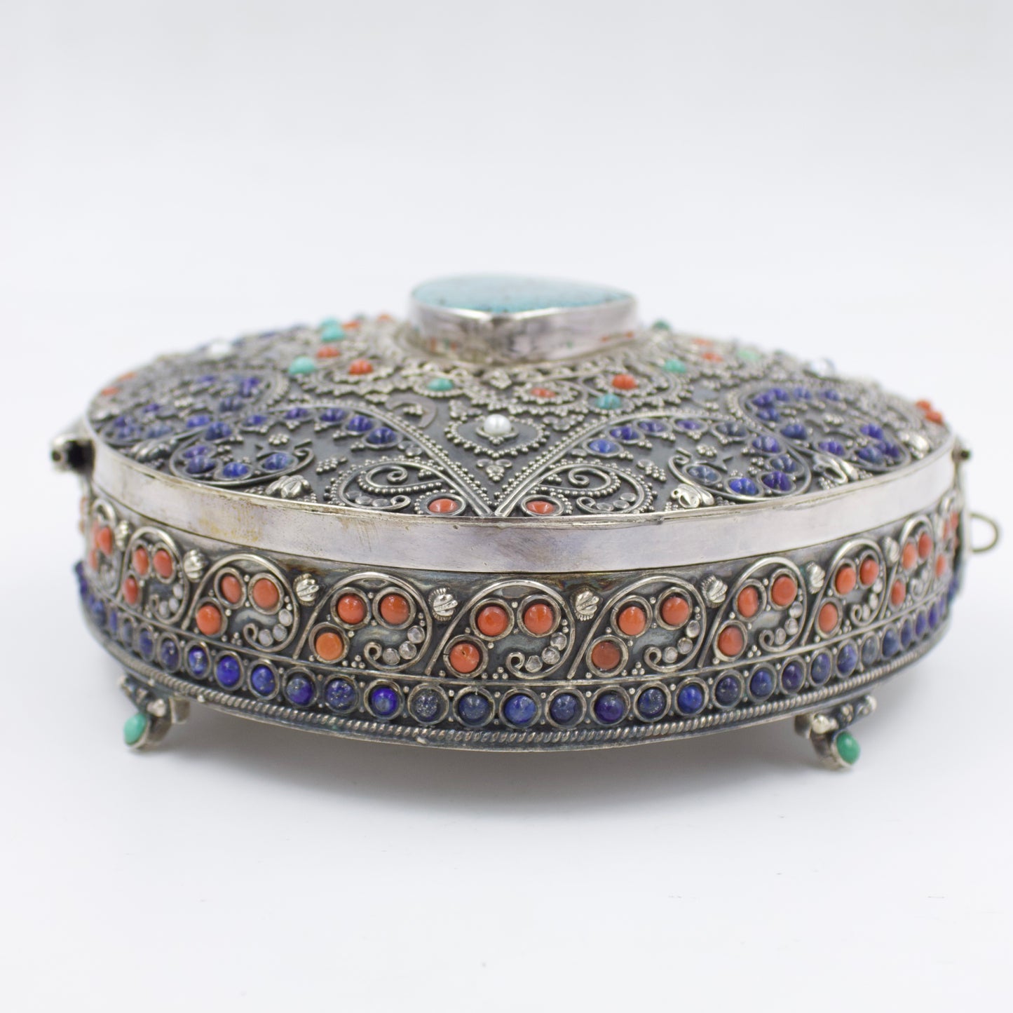 Antique Tibetan Gemstone Inlay Jewelry Box in Sterling Silver