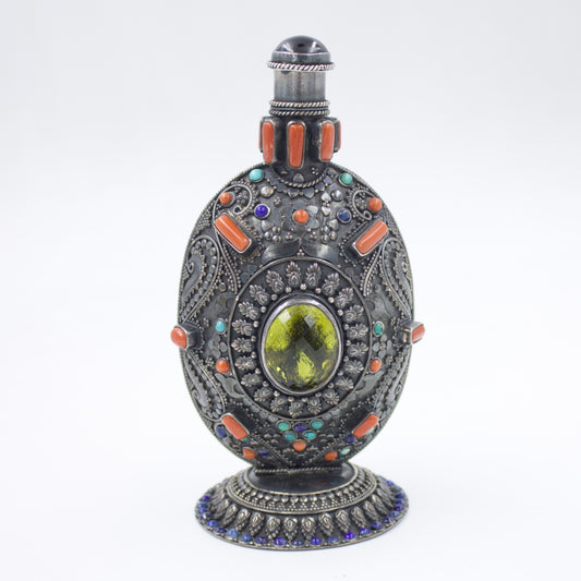 Vintage Tibetan Gem Inlay Snuff bottle in Sterling Silver