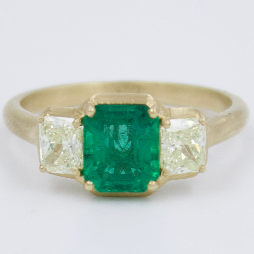 Elegant Natural Emerald & Old Mine Diamond 3 Stone Ring in 18K Yellow Brushed Gold