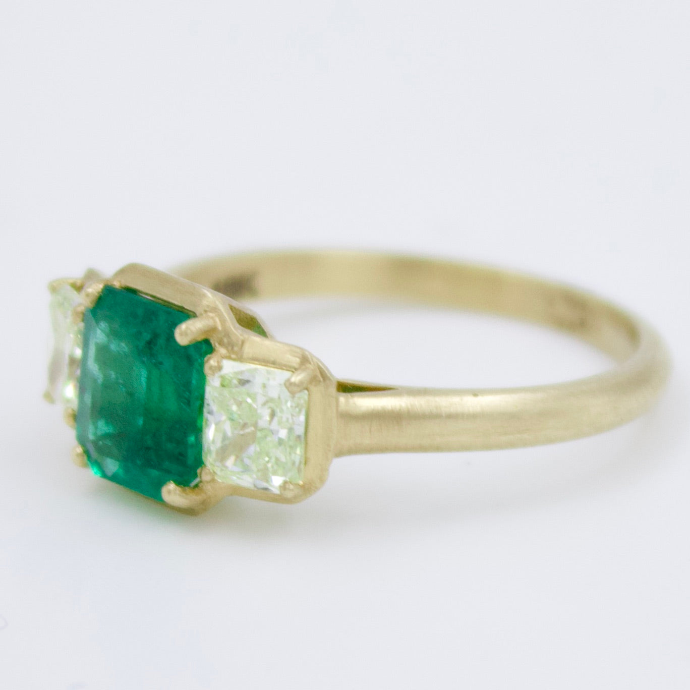 Elegant Natural Emerald & Old Mine Diamond 3 Stone Ring in 18K Yellow Brushed Gold