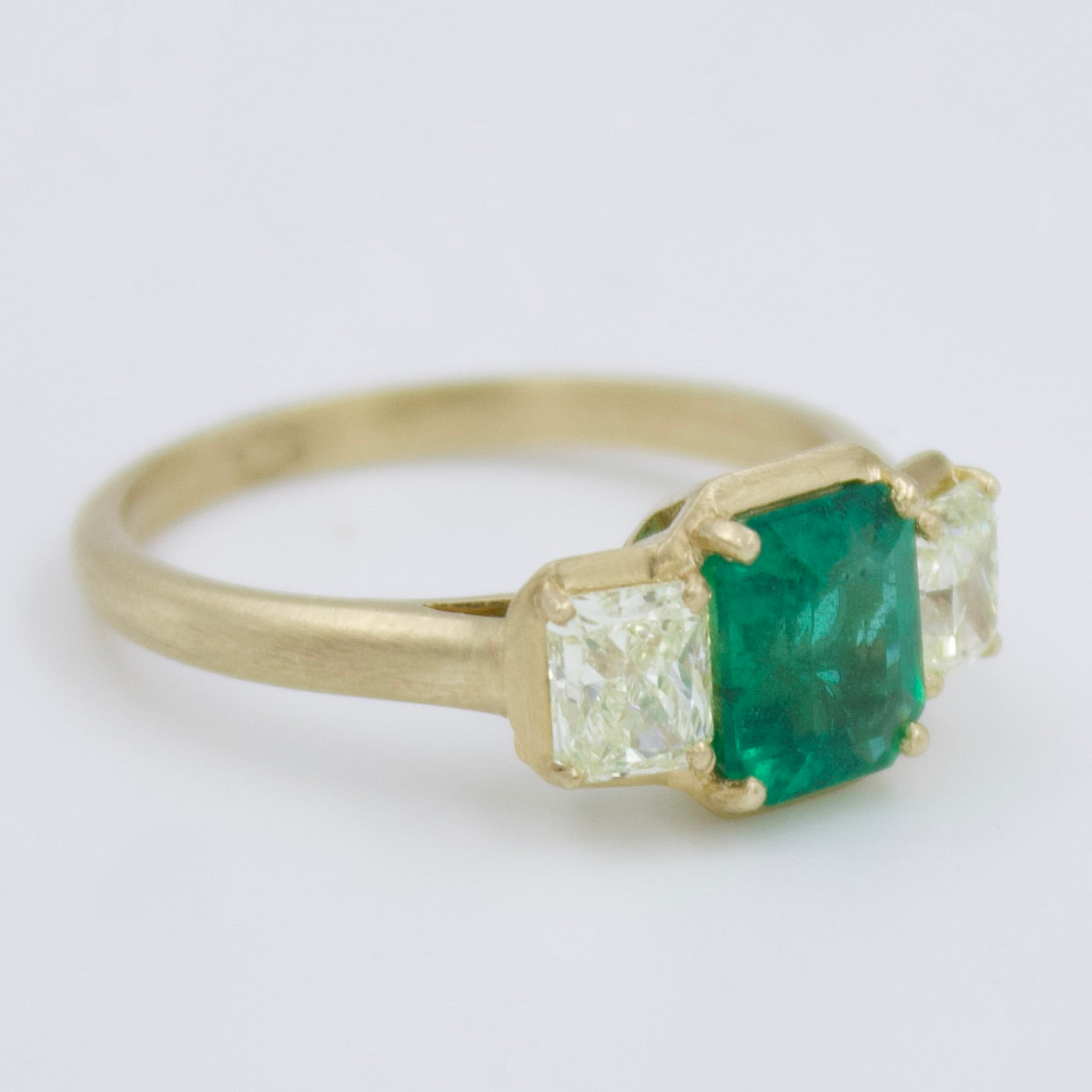 Elegant Natural Emerald & Old Mine Diamond 3 Stone Ring in 18K Yellow Brushed Gold