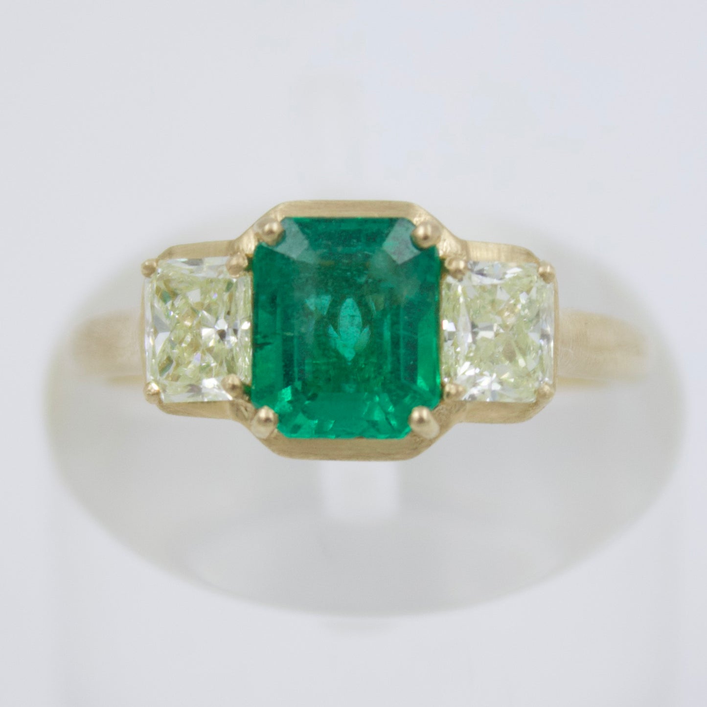 Elegant Natural Emerald & Old Mine Diamond 3 Stone Ring in 18K Yellow Brushed Gold