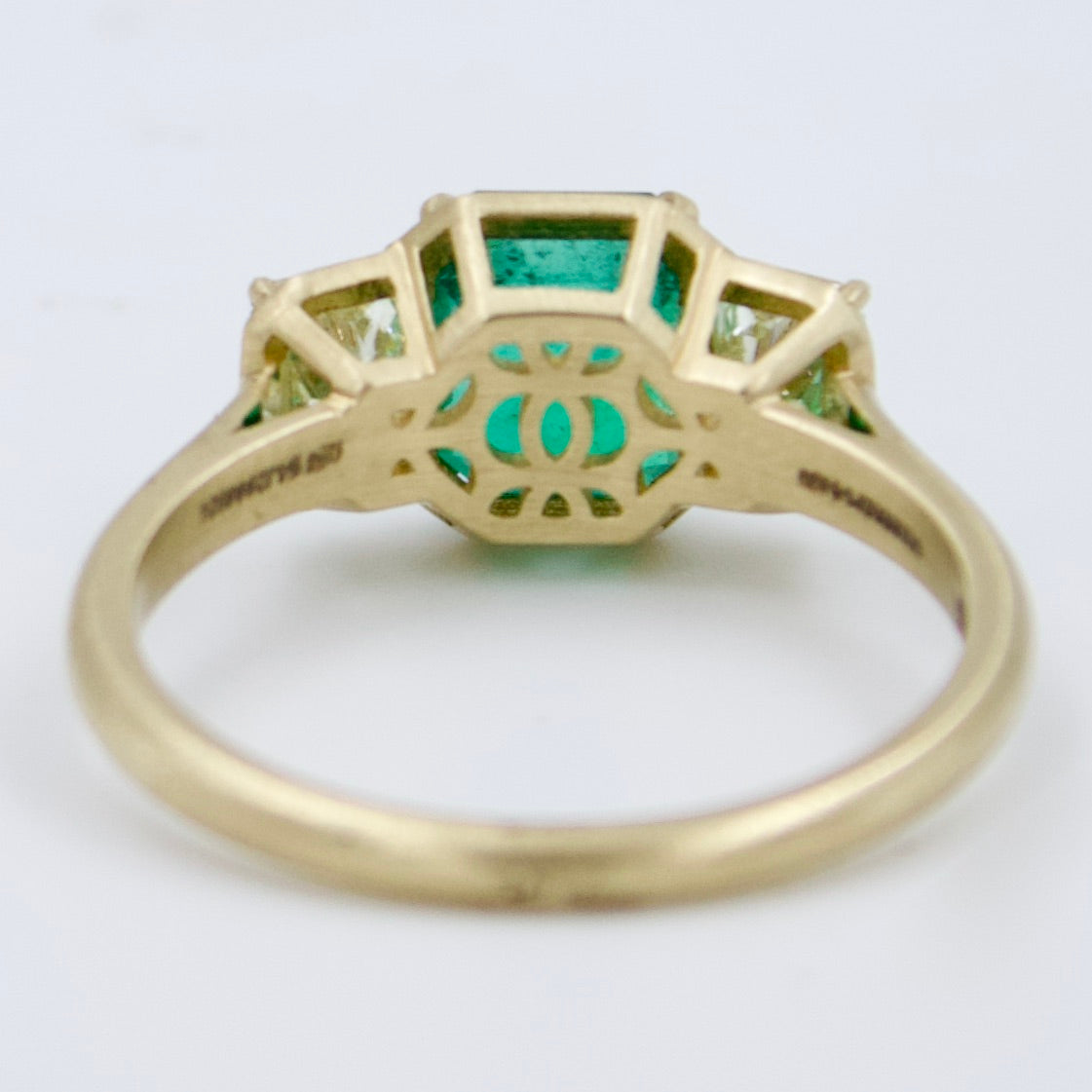 Elegant Natural Emerald & Old Mine Diamond 3 Stone Ring in 18K Yellow Brushed Gold