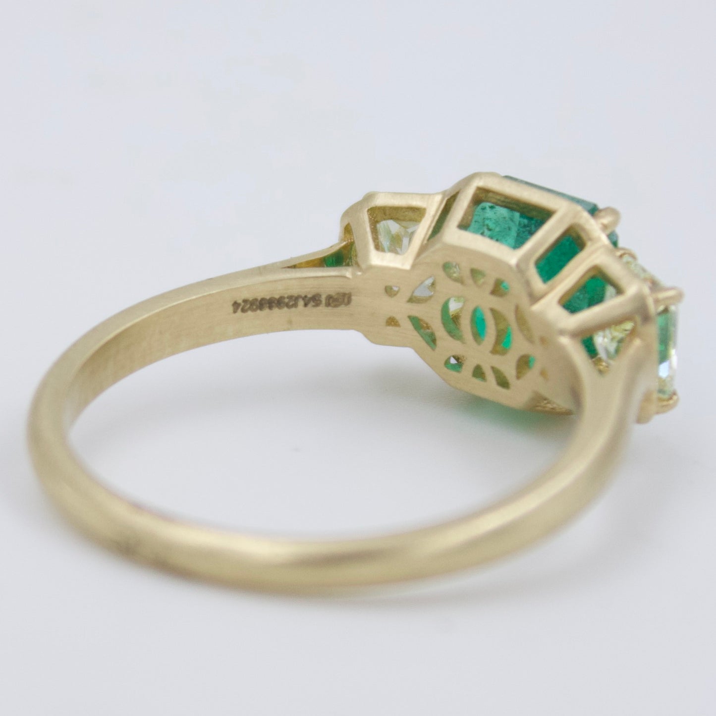 Elegant Natural Emerald & Old Mine Diamond 3 Stone Ring in 18K Yellow Brushed Gold