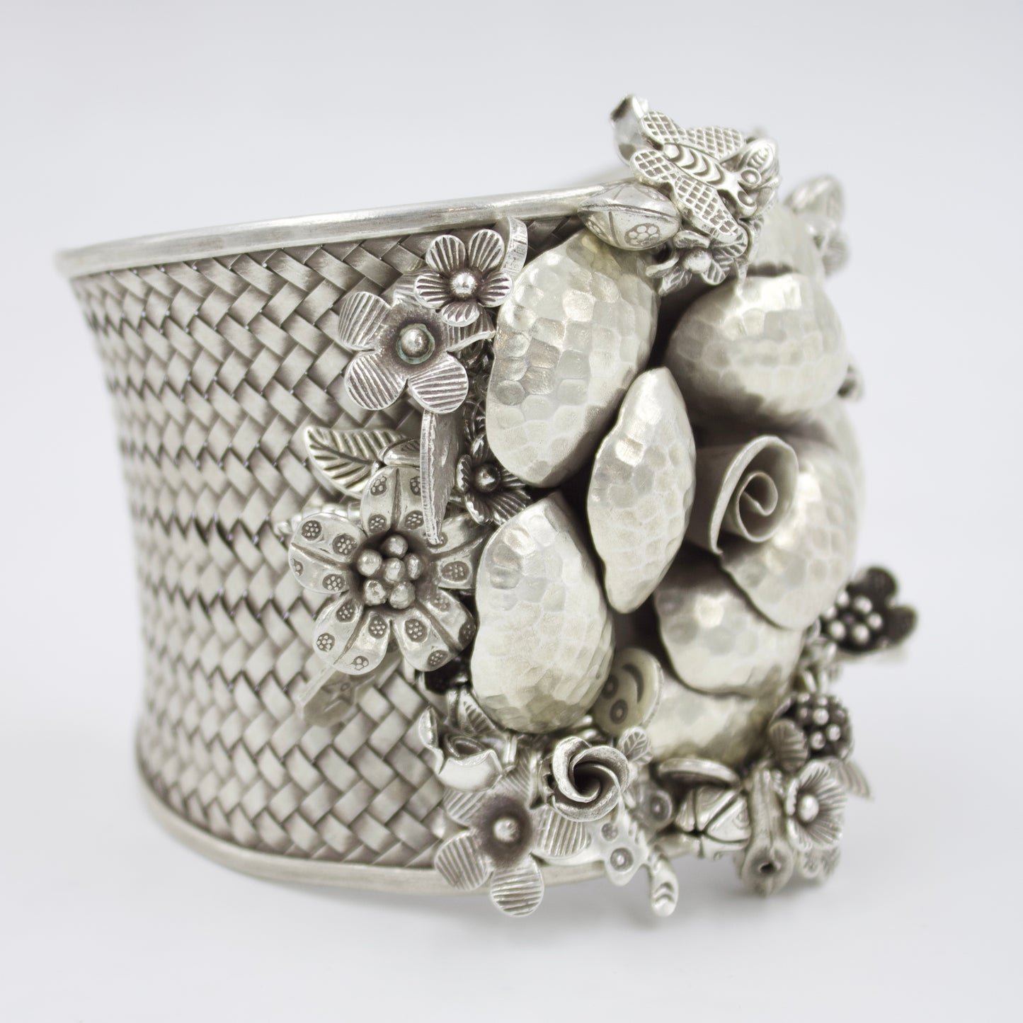 Indonesian Hand-woven Floral Cuff Bracelet in Sterling Silver