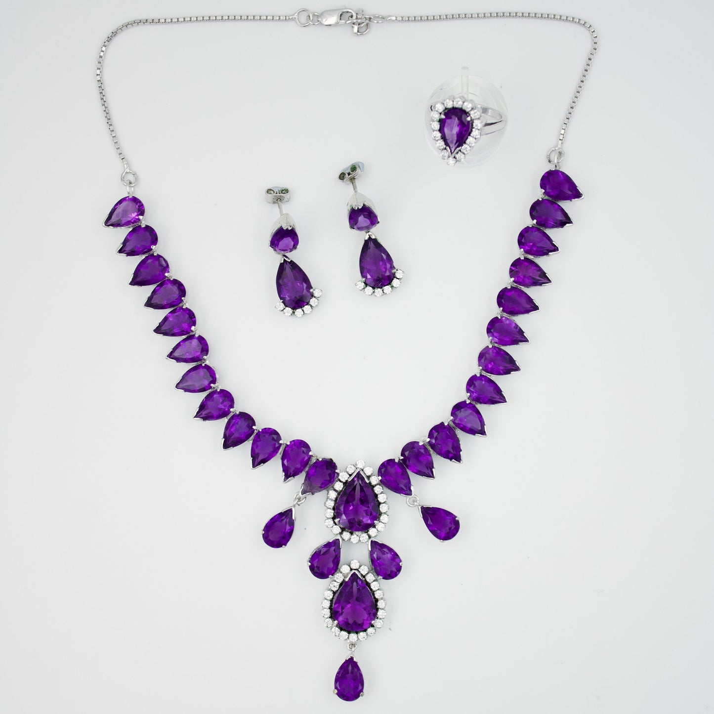 Vintage AAA Royal Purple 80 Ct Amethyst & CZ Statement  Necklace, Drop Earrings, and Ring in Sterling Silver, February
