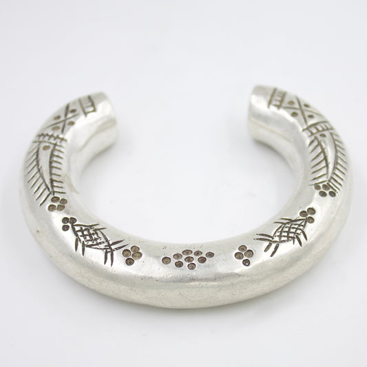 Antique Ethnic Tribal Hand Etched Nomadic Cuff Bracelet in Silver