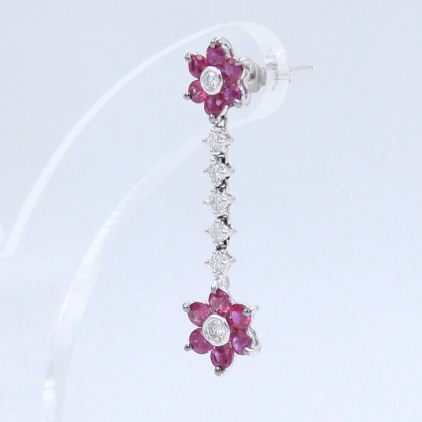 Elegant 2.13 TCW Natural Untreated Ruby & Diamond Floral Drop Earring in 18K White Gold
