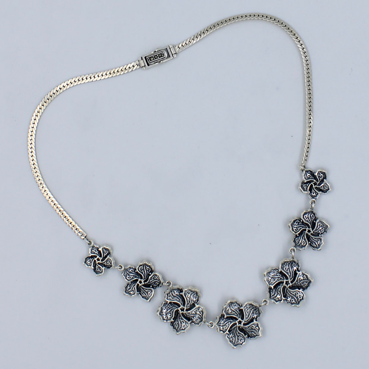 Unique Marcasite & Mother of  Pearl Floral Necklace & Earring in Sterling Silver