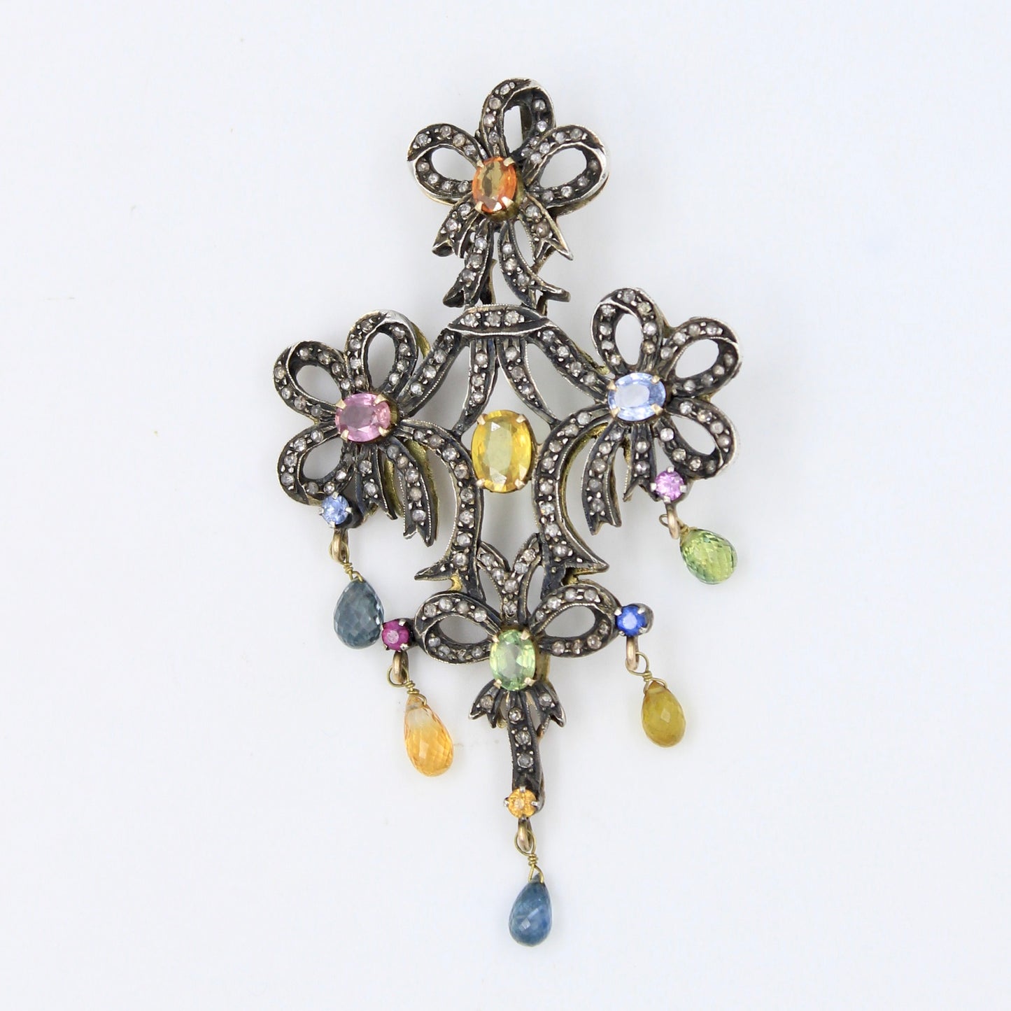 Victorian 6.45 TCW Untreated Multicolor Sapphires and Diamond Pendant in 14k Gold & Sterling Silver